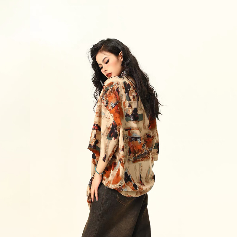 古著感油畫短袖襯衫女美式個性潮牌夏季寬鬆襯衣