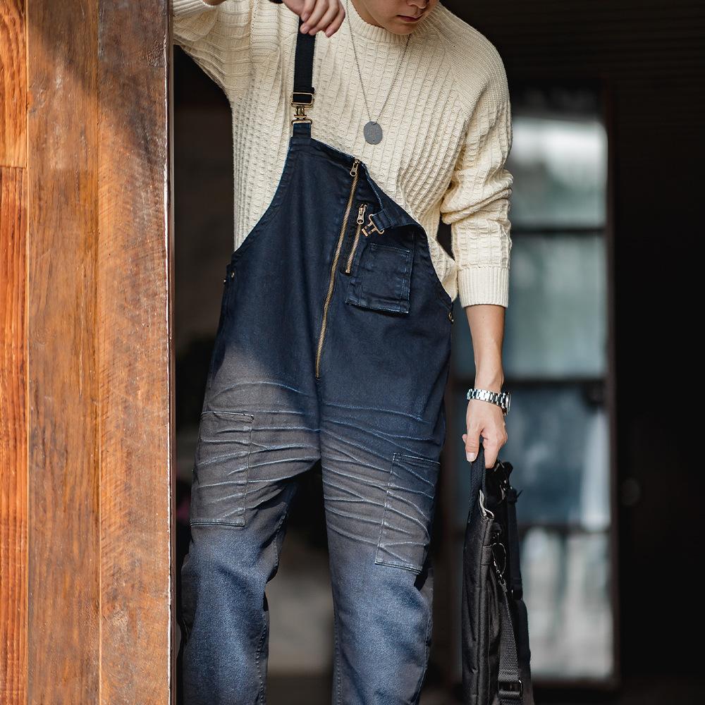 馬登工裝 美式牛仔甲板背帶褲做舊貓須直筒連體吊帶長褲