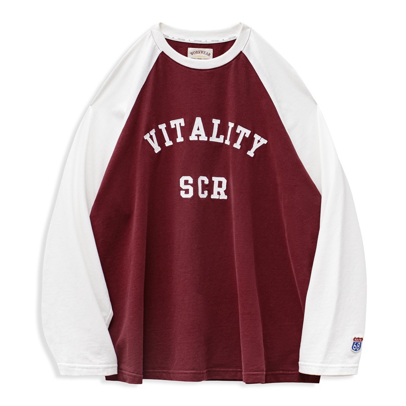 馬登女裝 美式酒紅色插肩長袖衛衣T恤撞色純棉寬鬆打底衫春秋