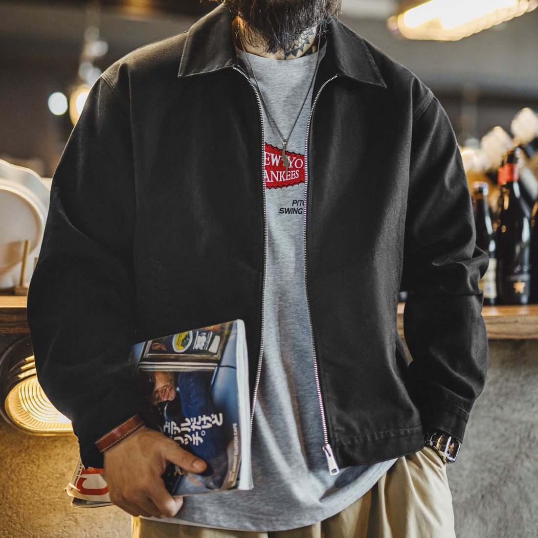 馬登工裝 美式教練夾克翻領痞帥硬挺重磅黑色純棉行政外套男秋冬