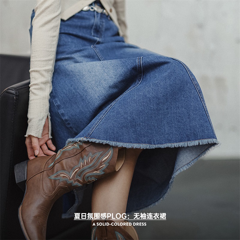 馬登女裝 水洗藍解構牛仔裙遮胯顯瘦A字復古長款半裙設計感半身長裙