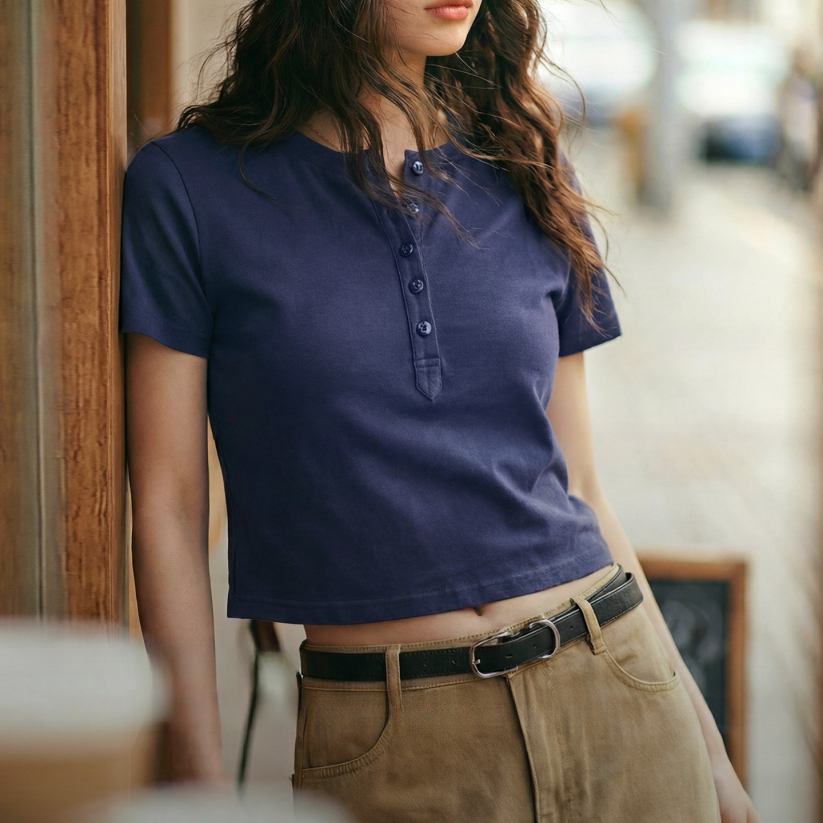 馬登女裝 美式全純棉半開襟亨利領短款修身短袖T恤上衣夏季