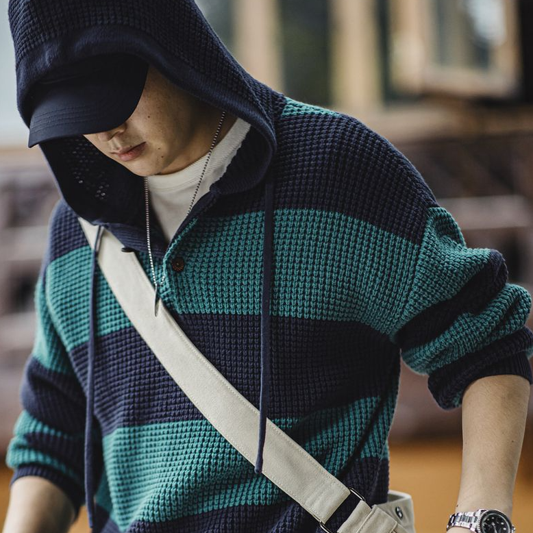 馬登工裝 美式休閒撞色條紋連帽針織衫學院風毛衣寬鬆套頭衛衣男秋