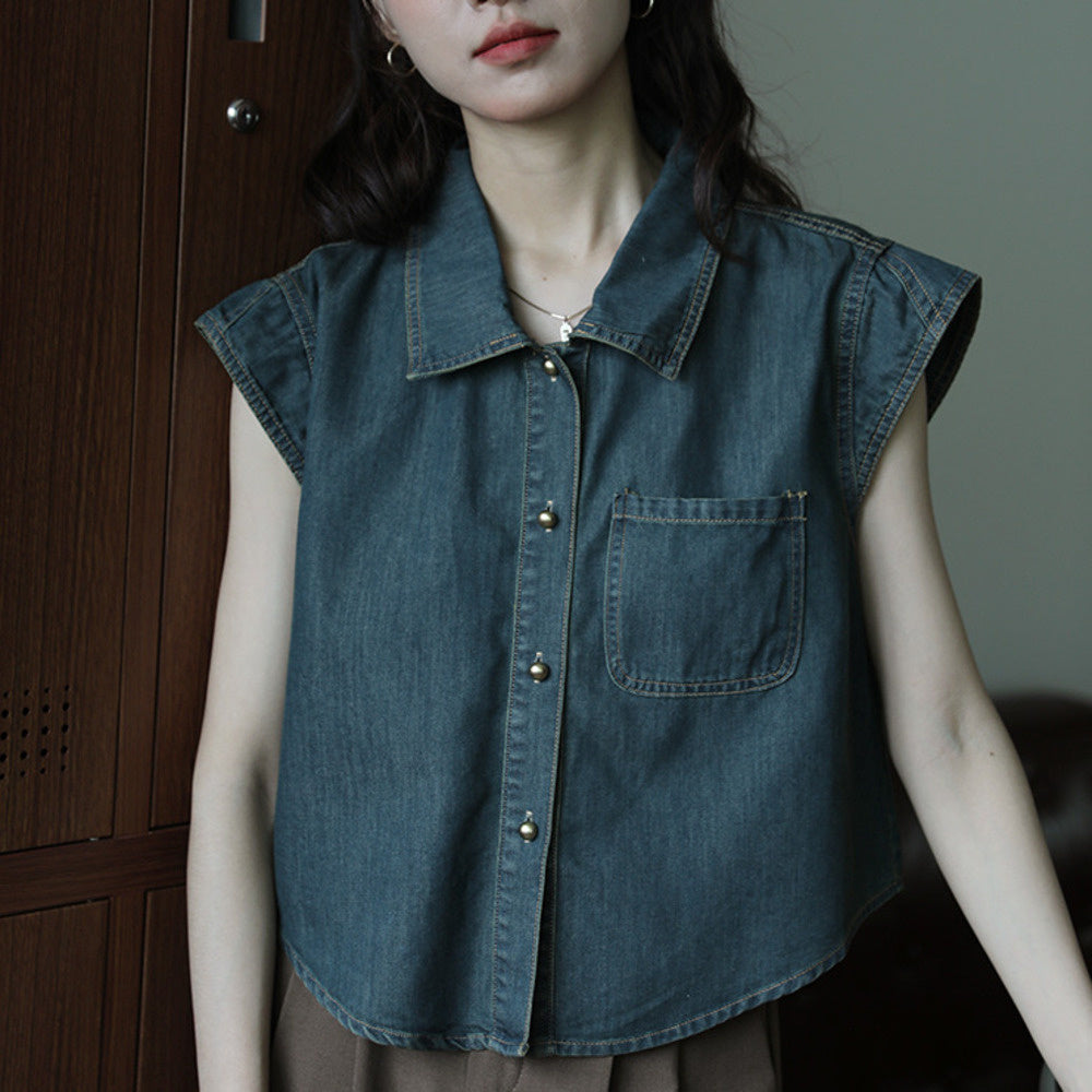 牛仔深藍色百搭簡約氣質復古設計感無袖襯衫女時尚上衣