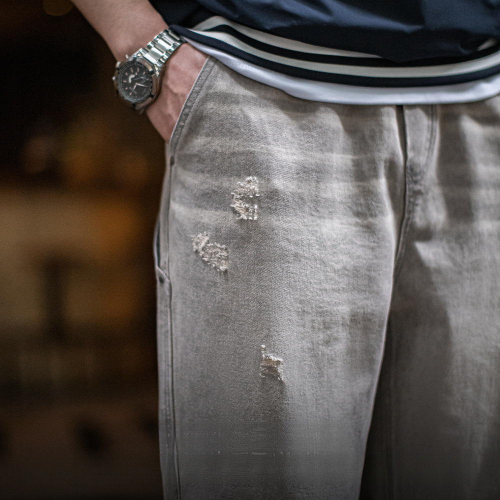 馬登工裝 美式復古水洗做舊格雷系灰牛仔褲破洞猫須伐木直筒褲男春