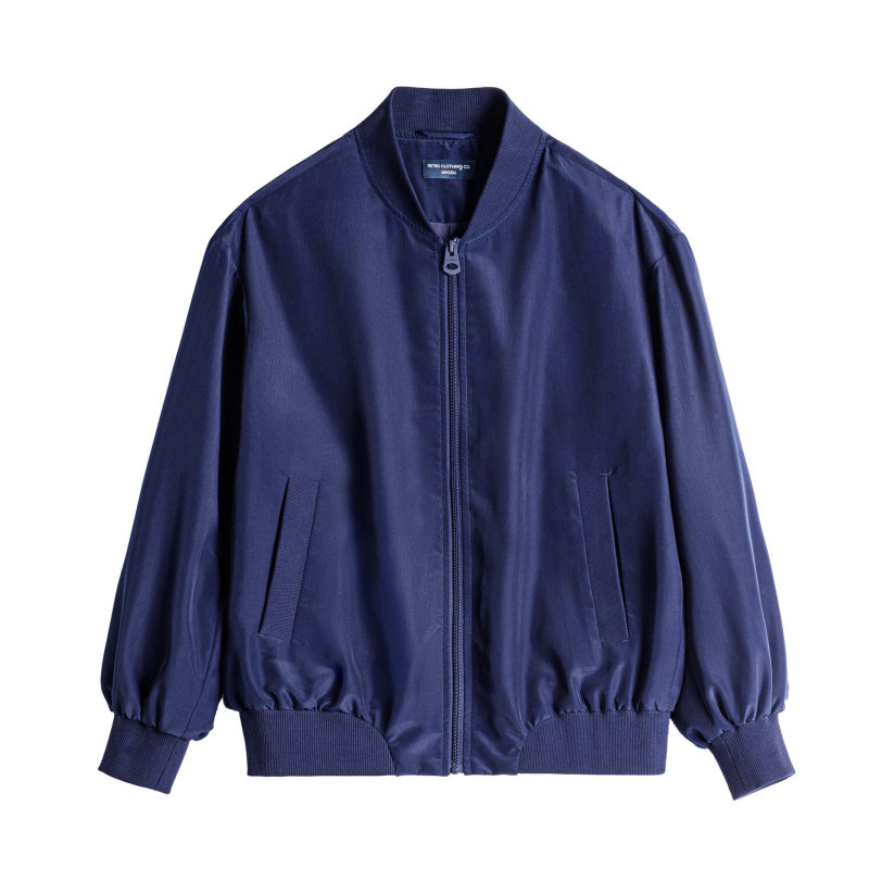 馬登女裝 深藍色美式復古輕薄款飛行員夾克棒球立領休閒工裝外套女士春