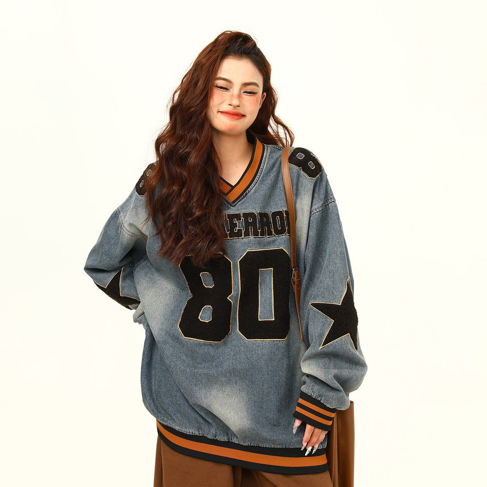 美式復古水洗重磅牛仔衛衣寬鬆秋季潮牌高級感情侶上衣