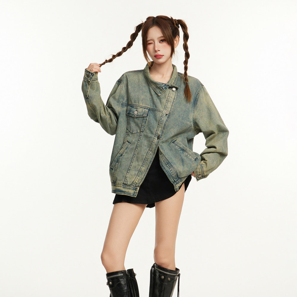 美式復古水洗做舊牛仔外套女秋冬寬鬆重磅工裝翻領開衫夾克