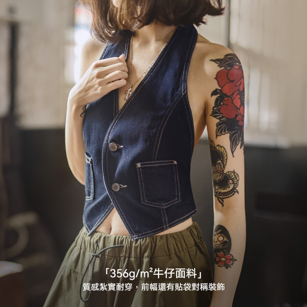 馬登女裝 美式疊穿無袖V領背心開衫馬甲修身外穿坎肩露背掛脖短上衣