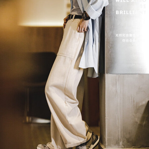 馬登女裝 美式白色牛仔Cleanfit闊腿褲寬鬆口袋工裝褲直筒休閒長褲