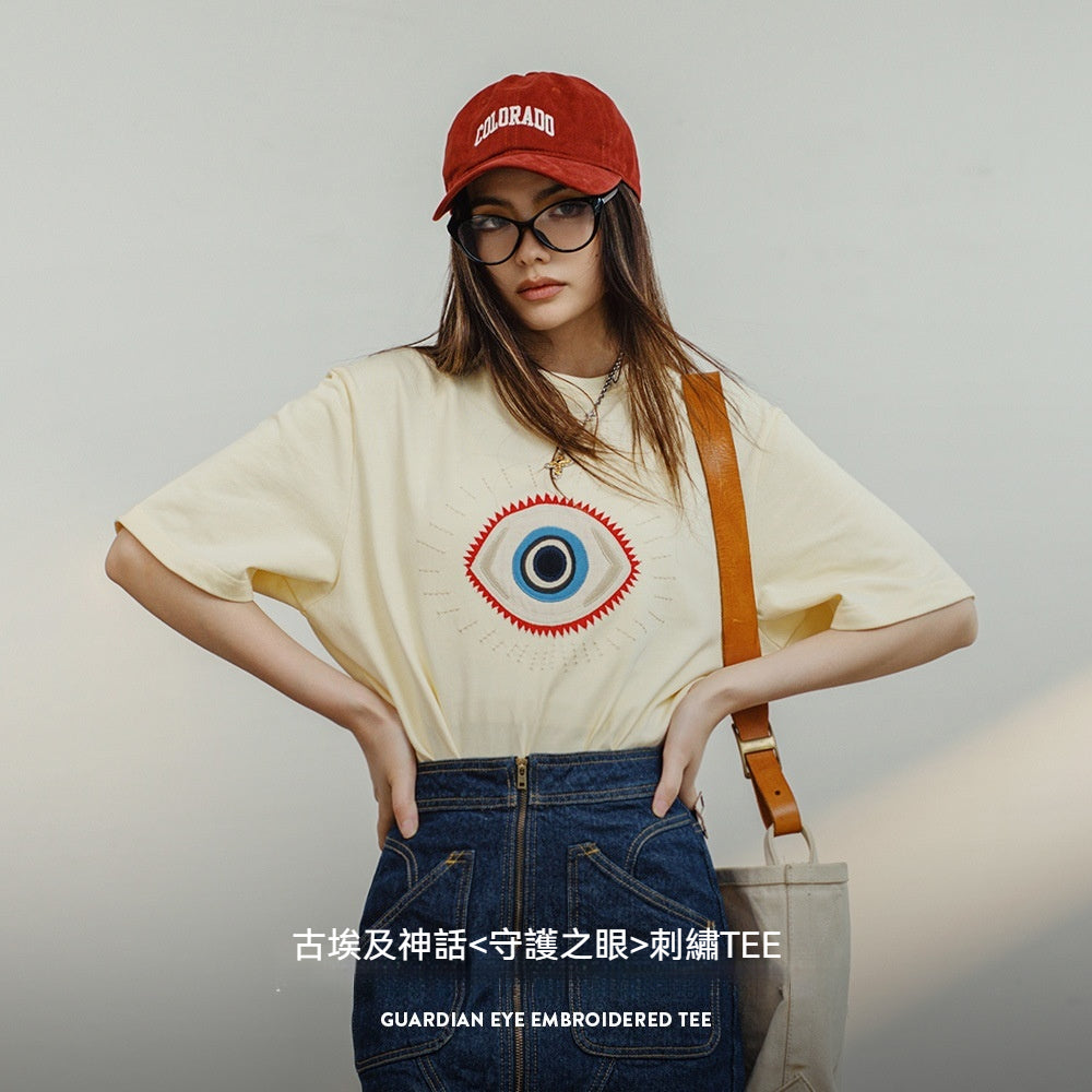 馬登女裝 美式復古守護之眼刺繡T恤純棉寬鬆短袖T恤Oversize上衣