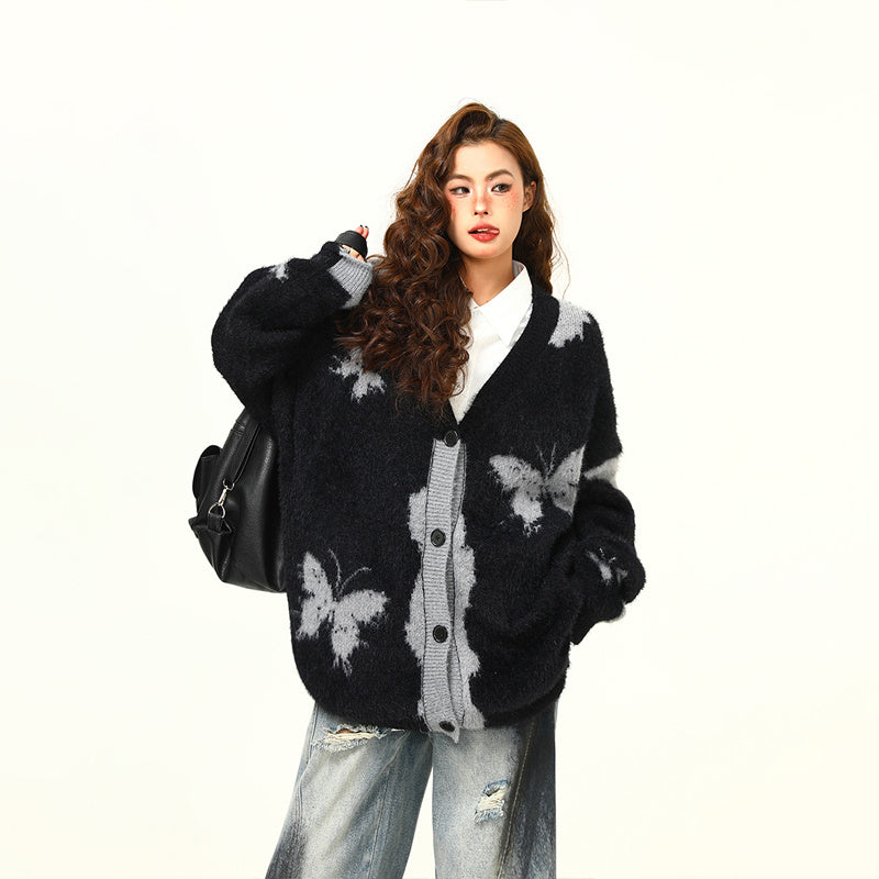 美式復古設計感蝴蝶針織開衫毛衣秋冬慵懶寬鬆情侶針織外套