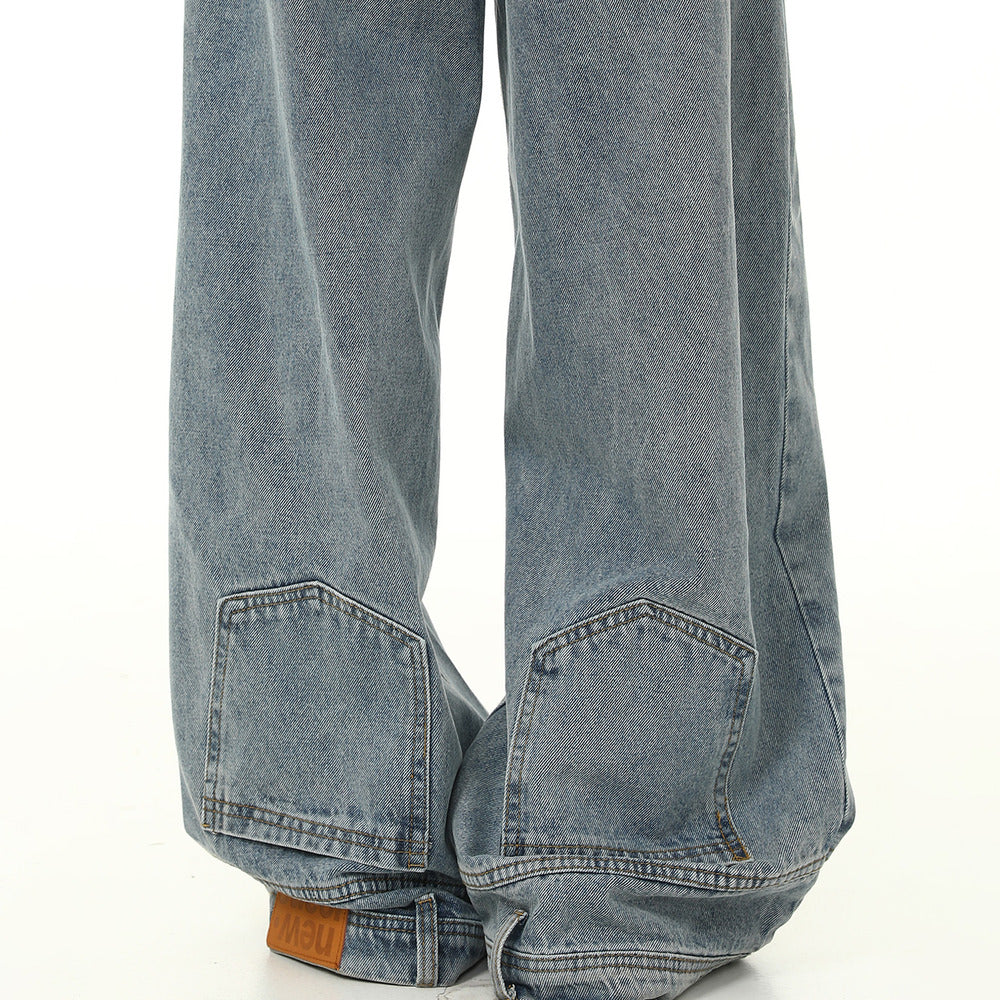 美式復古設計感倒裝牛仔褲女水洗闊腿寬鬆長褲