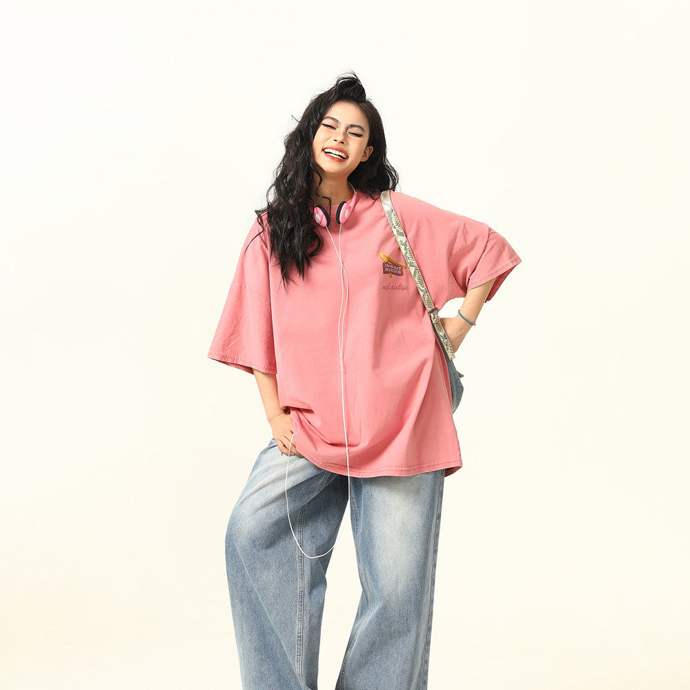 美式復古水洗做舊街頭風景印花短袖T恤寬鬆百搭情侶上衣