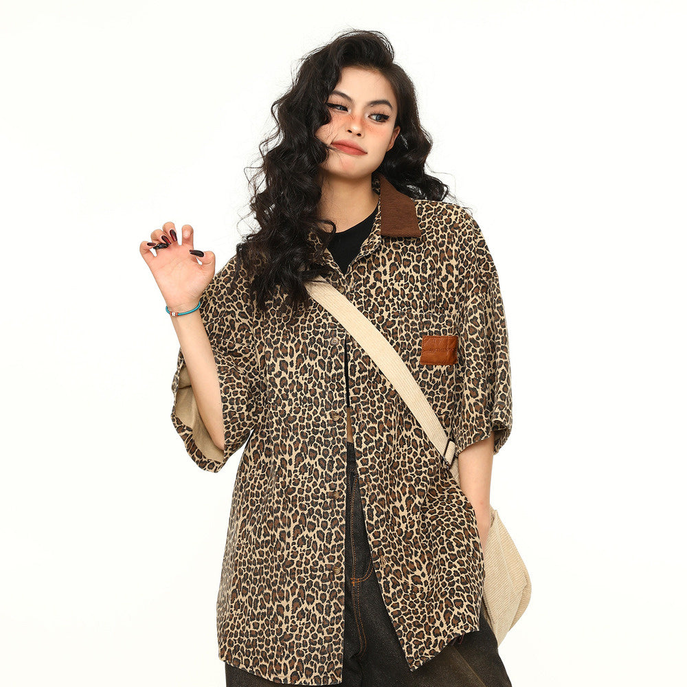 美式復古街頭潮流豹紋短袖襯衫個性休閒翻領襯衣外套