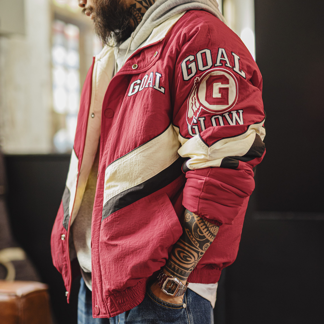 馬登工裝 美式復古拼接撞色賽車夾克紅色翻領加厚保暖棉服外套男冬