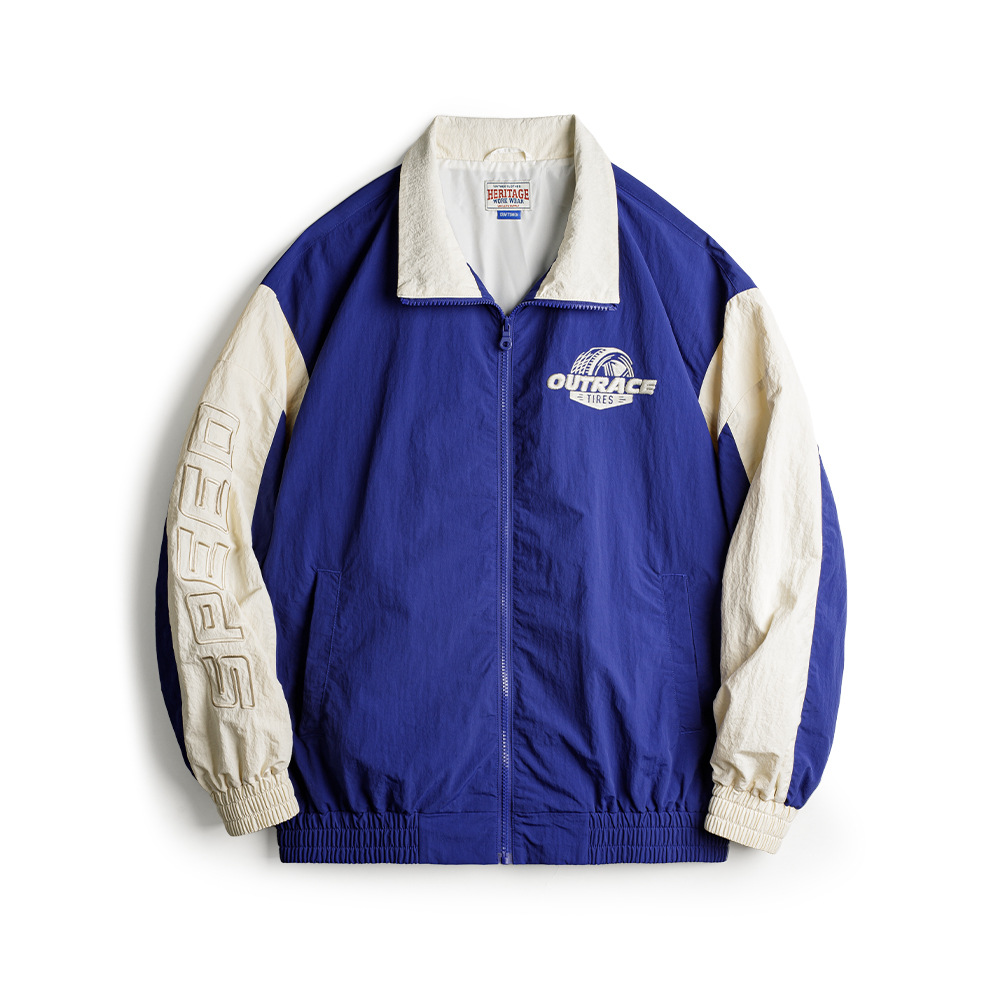 馬登工裝 美式復古拼接撞色賽車夾克刺繡耐磨機車休閒外套男春