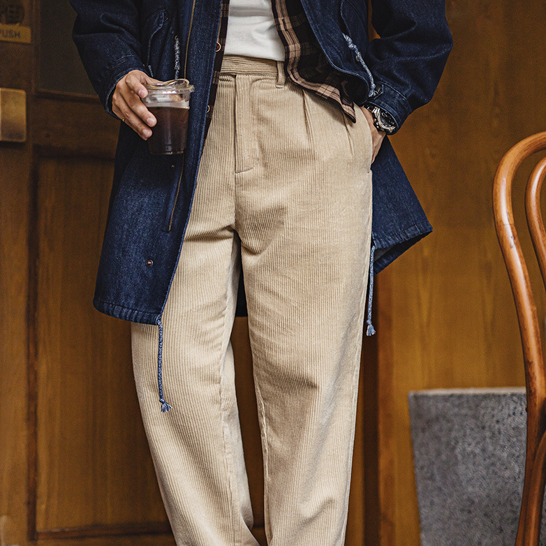 馬登工裝 美式復古重磅燈芯絨休閒褲雙褶條絨垂感純棉直筒長褲男秋