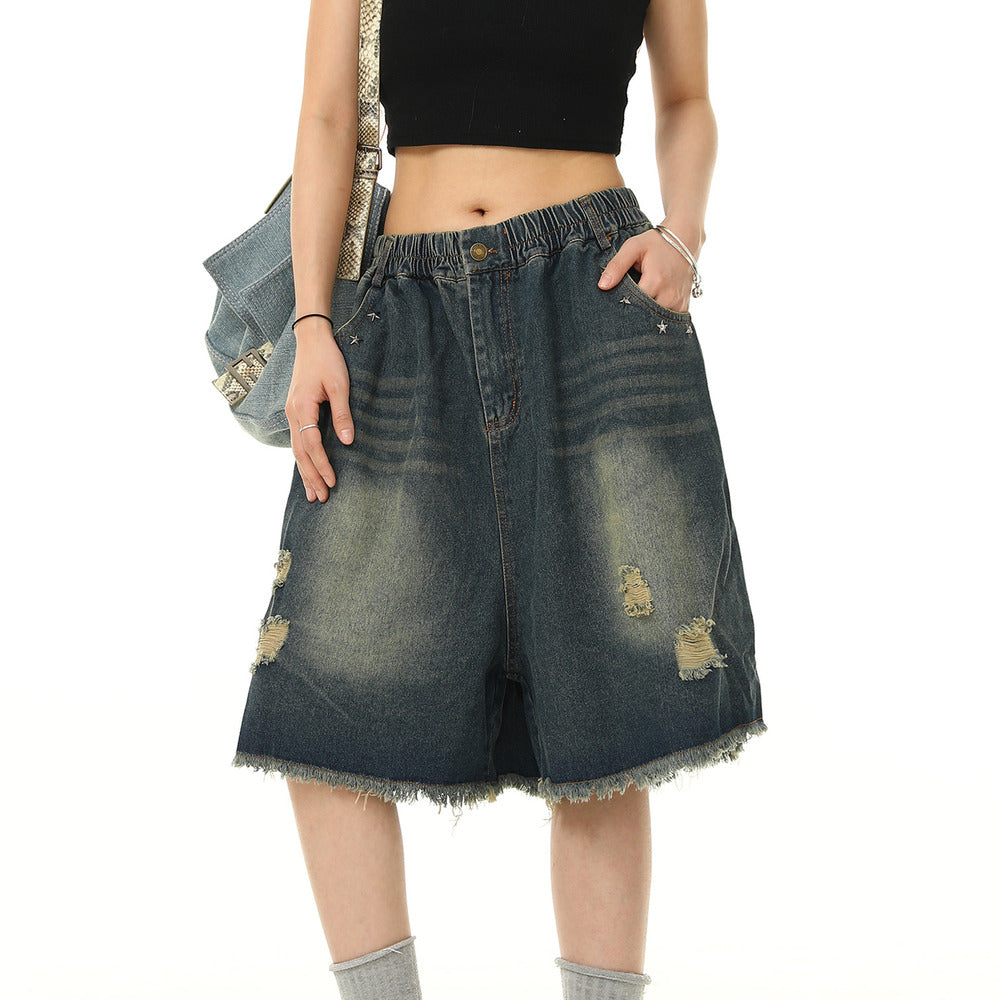 美式復古水洗破洞牛仔短褲女鬆緊腰寬鬆百搭闊腿五分褲