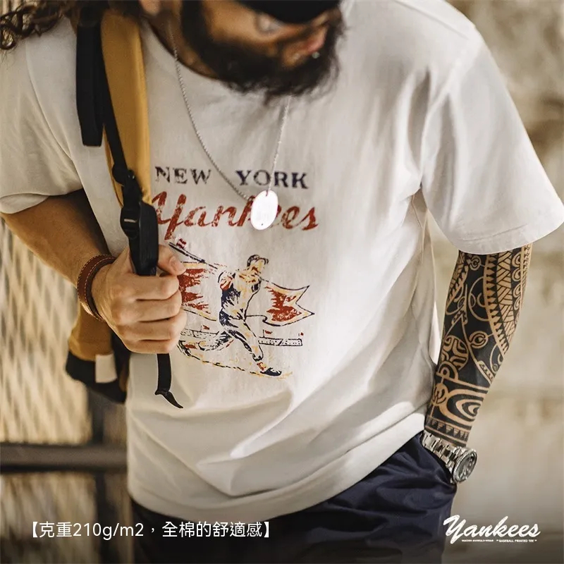 馬登工裝 美式復古棒球字母印花T恤純棉圓領正肩短袖打底衫男春夏