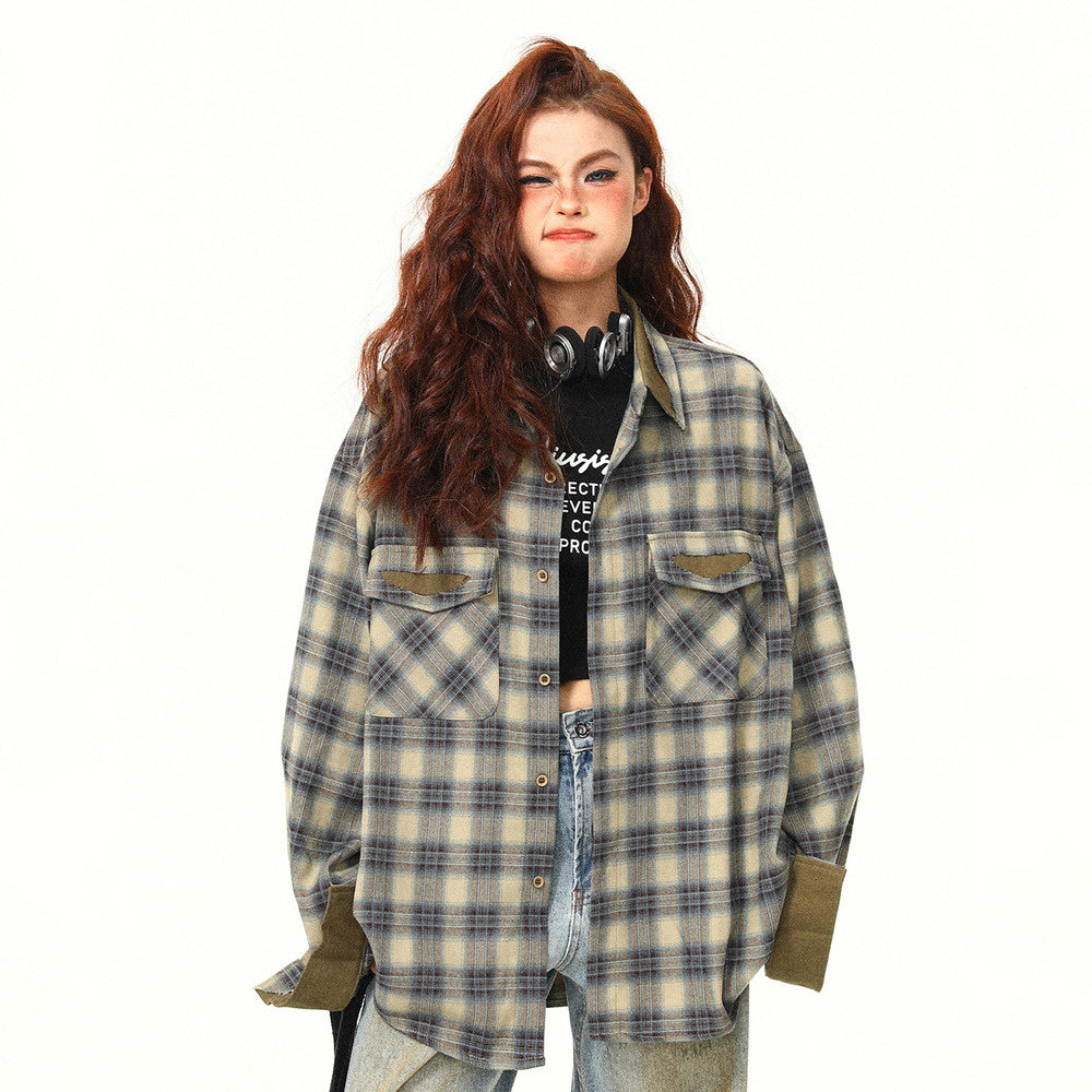 美式復古拼接撞色設計感秋季格子長袖襯衫外套女寬鬆百搭襯衣外套