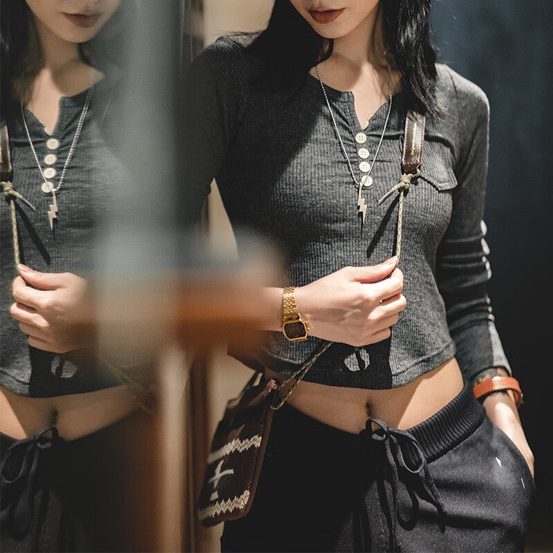 馬登女裝 美式復古bm針織長袖T恤圓弧下擺修身顯瘦短款打底亨利衫