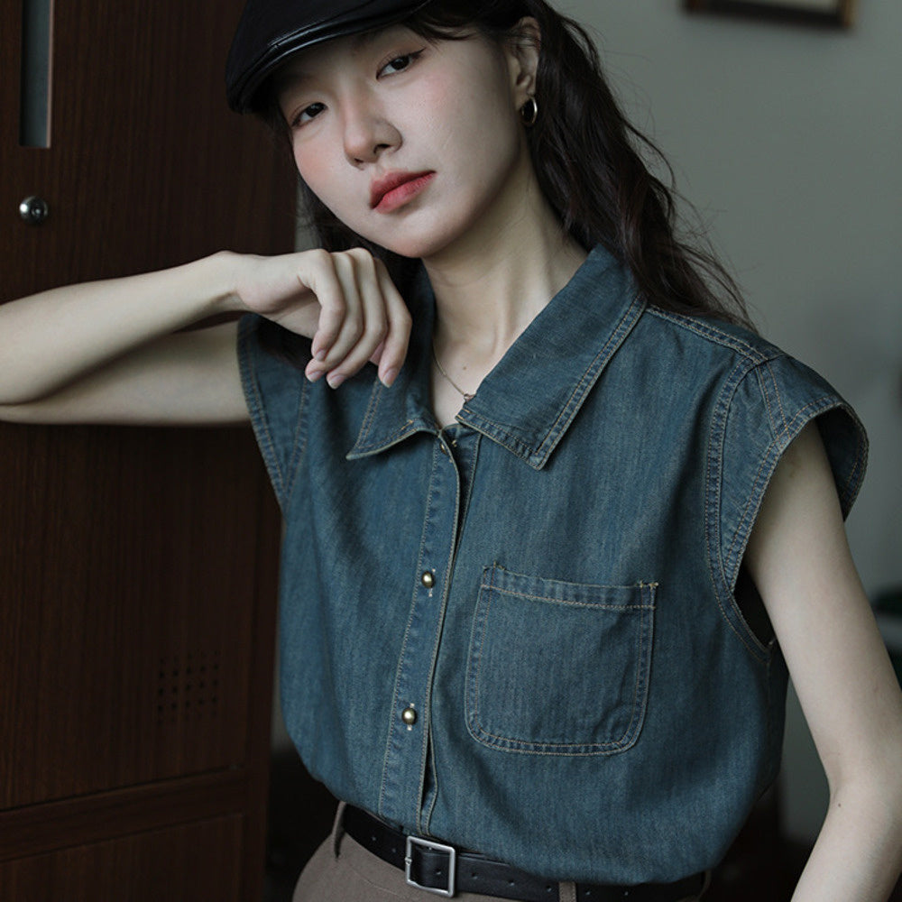 牛仔深藍色百搭簡約氣質復古設計感無袖襯衫女時尚上衣