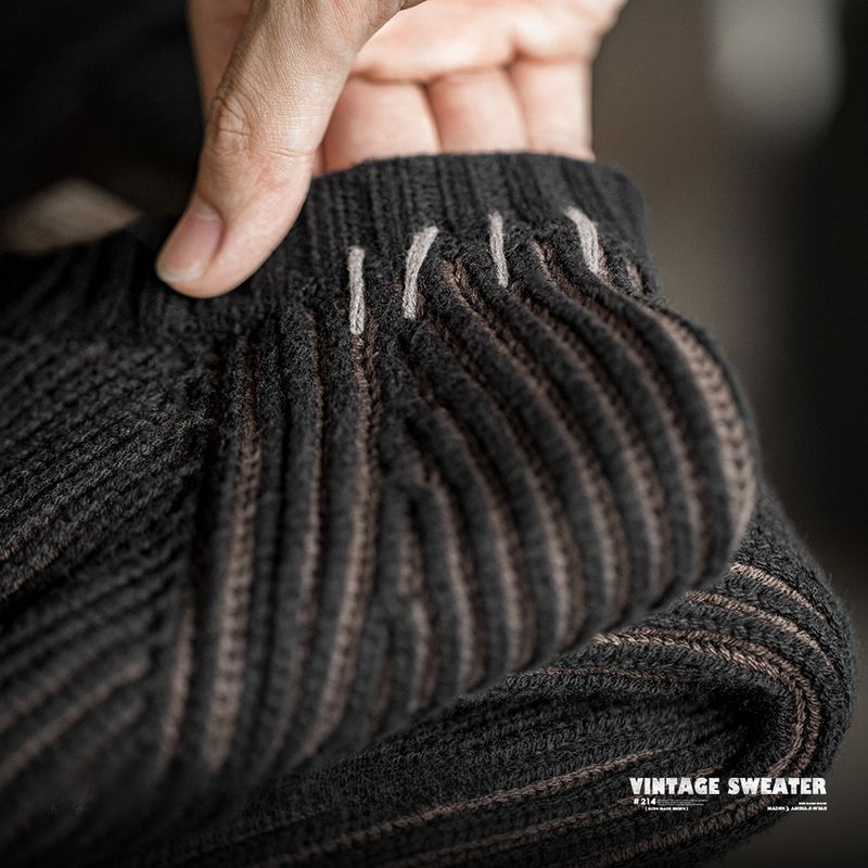 馬登工裝 美式復古豎條紋編織毛衣圓領加厚打底針織衫男秋冬