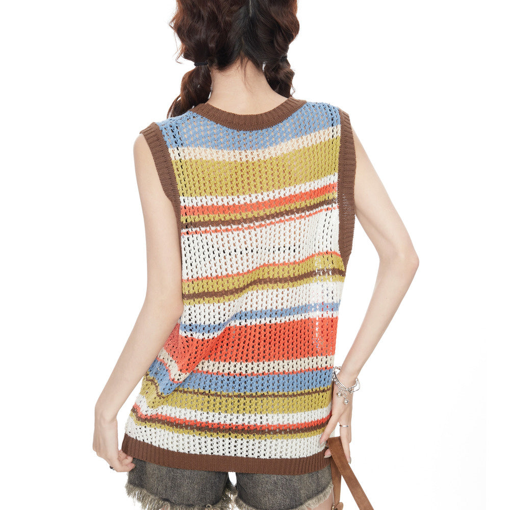 美式復古鏤空條紋針織吊帶背心女夏季多巴胺辣妹無袖外穿上衣