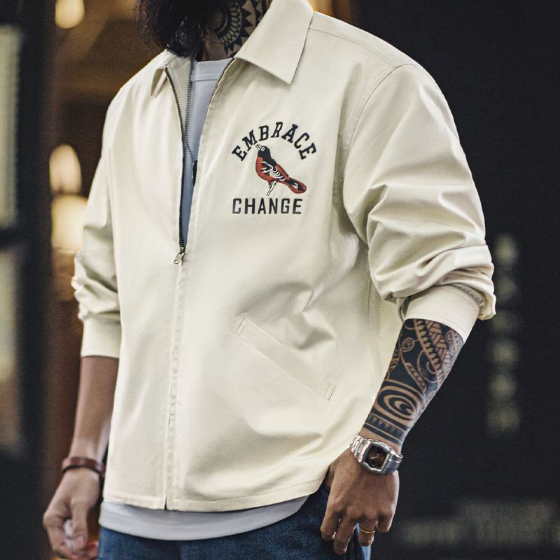 馬登工裝 美式復古刺繡教練夾克寬鬆翻領外套vintage廓形上衣男春