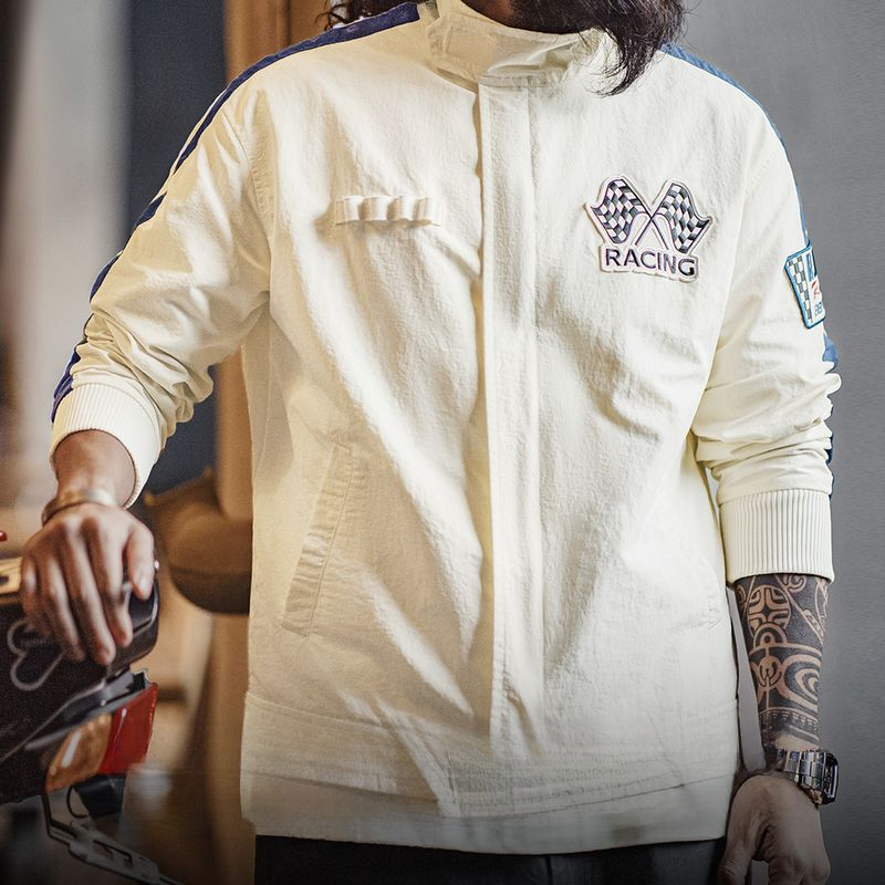 馬登工裝 美式復古拼色刺繡賽車夾克F1車手服休閒棒球領外套男春