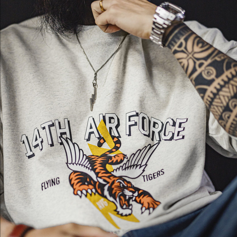 馬登工裝 美式印花灰色圓領衛衣橫須賀寬松落肩套頭長袖T恤男款春