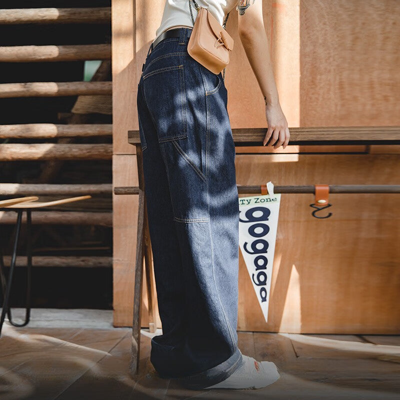 馬登女裝 美式復古工裝褲闊腿拖地丹寧牛仔褲慵懶寬鬆伐木褲