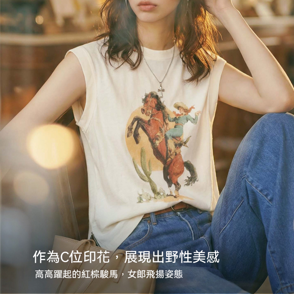 馬登女裝 美式復古薄款西部風印花無袖坎肩T恤背心上衣女士夏外穿