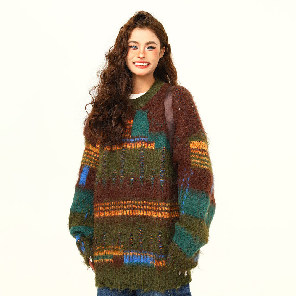 美式復古不規則拼接設計感馬海毛毛衣秋冬寬鬆慵懶風針織衫毛衣