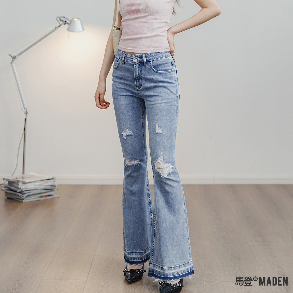 馬登女裝 破洞淺色牛仔褲修身微喇叭褲顯瘦馬蹄褲毛邊長褲