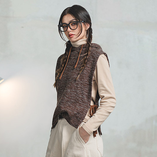 馬登女裝 連帽針織馬甲背心休閒百搭疊穿毛衣慵懶風無袖帽衫上衣秋