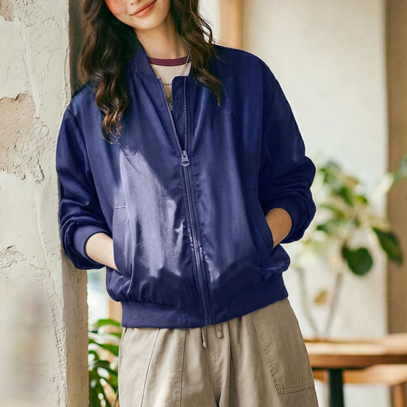 馬登女裝 深藍色美式復古輕薄款飛行員夾克棒球立領休閒工裝外套女士春