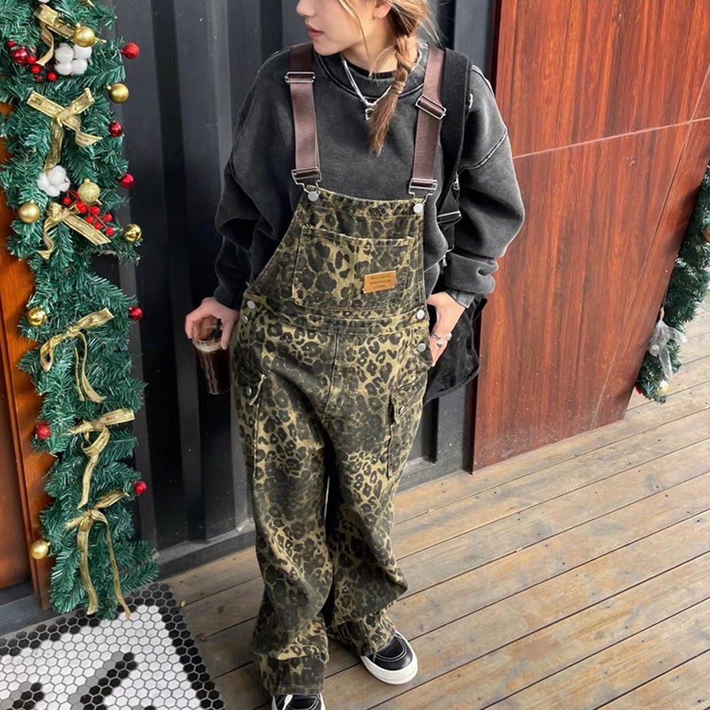 美式復古寬鬆直筒豹紋背帶褲男女街頭水洗闊腿褲多口袋連體褲潮
