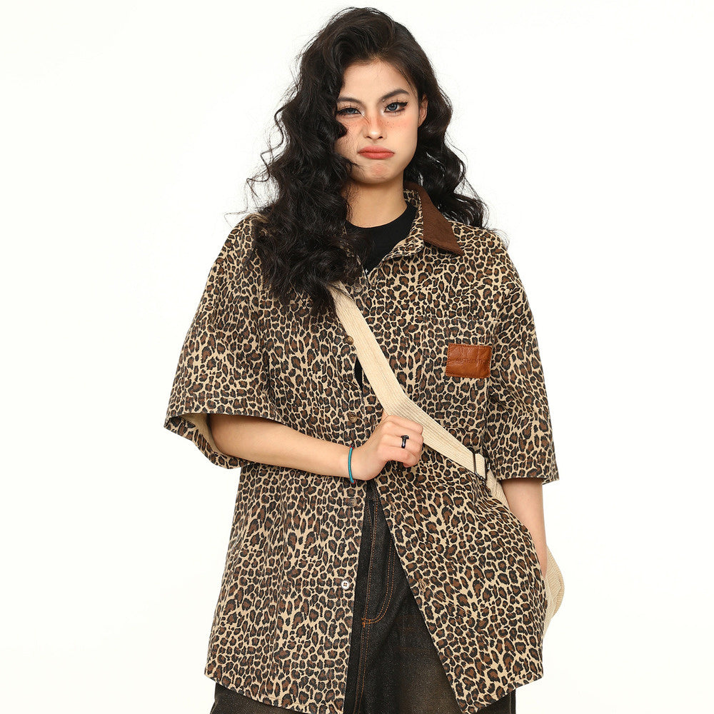 美式復古街頭潮流豹紋短袖襯衫個性休閒翻領襯衣外套