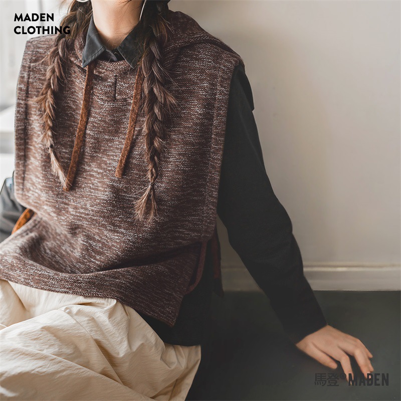 馬登女裝 連帽針織馬甲背心休閒百搭疊穿毛衣慵懶風無袖帽衫上衣秋