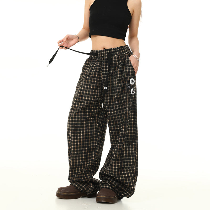 美式復古格子褲寬鬆垂感闊腿休閒褲鬆緊腰抽繩潮牌長褲