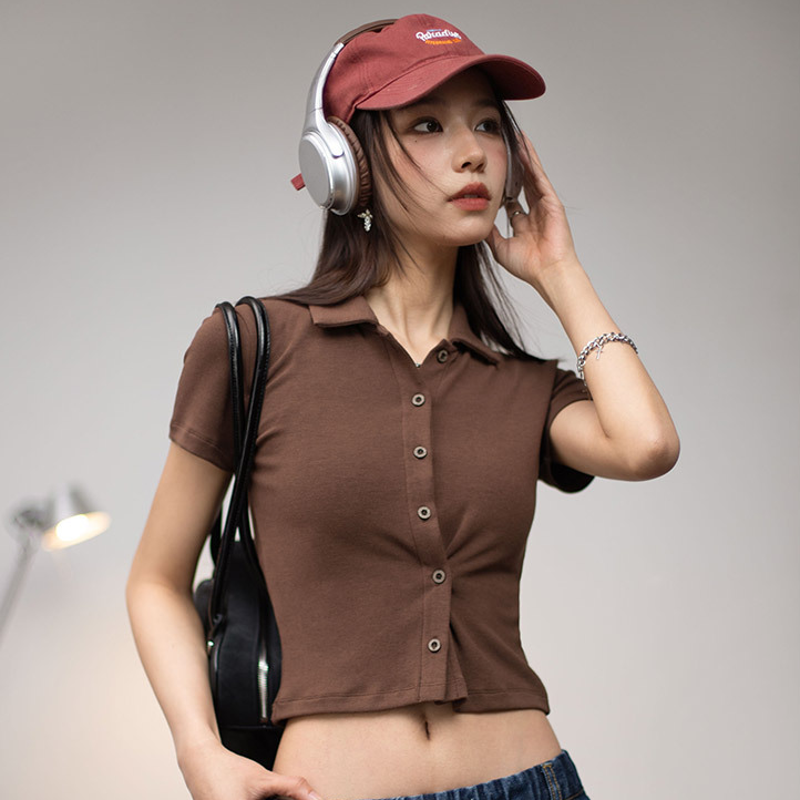 馬登女裝 復古Polo領短袖修身短款正肩針織開衫辣妹露腰顯瘦上衣夏