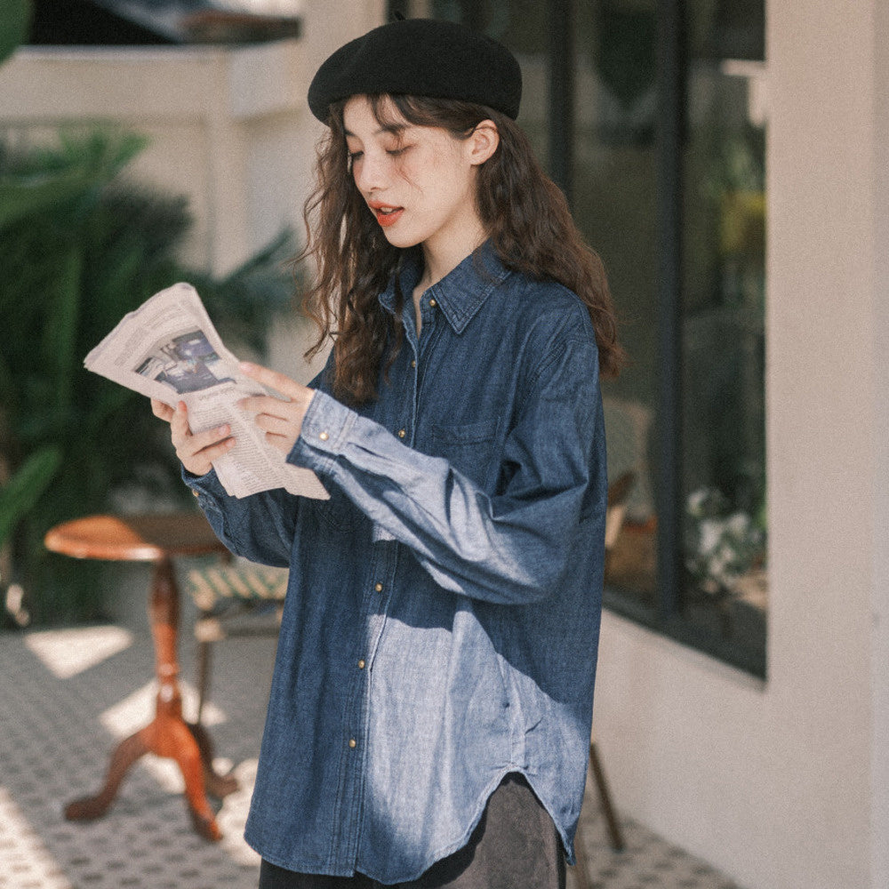復古牛仔襯衫女薄外套開衫小眾設計感疊穿上衣長袖襯衣