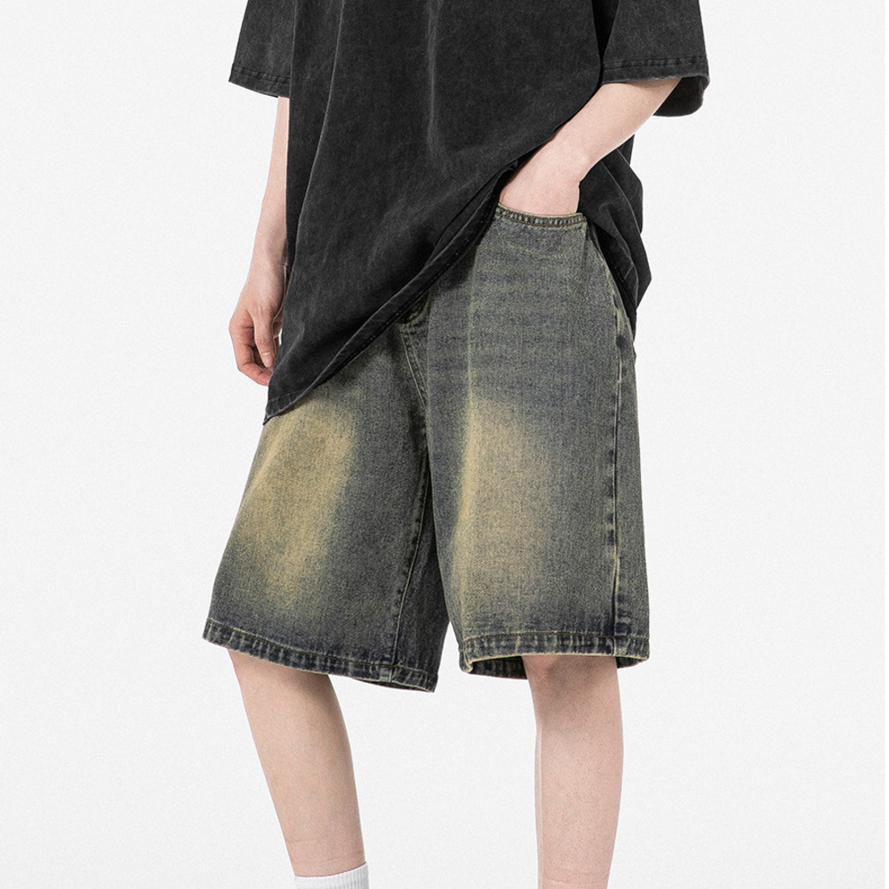 復古做舊水洗牛仔短褲女夏季寬鬆直筒顯瘦五分褲