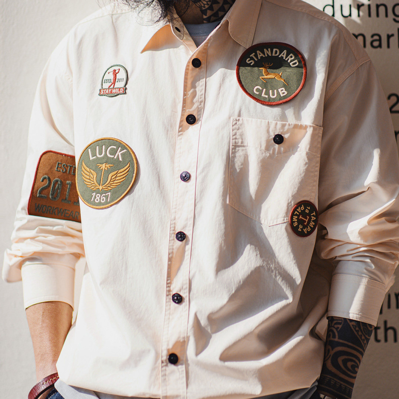 馬登工裝 美式章仔刺繡長袖襯衫外套薄款白色口袋拼接襯衣夾克男春