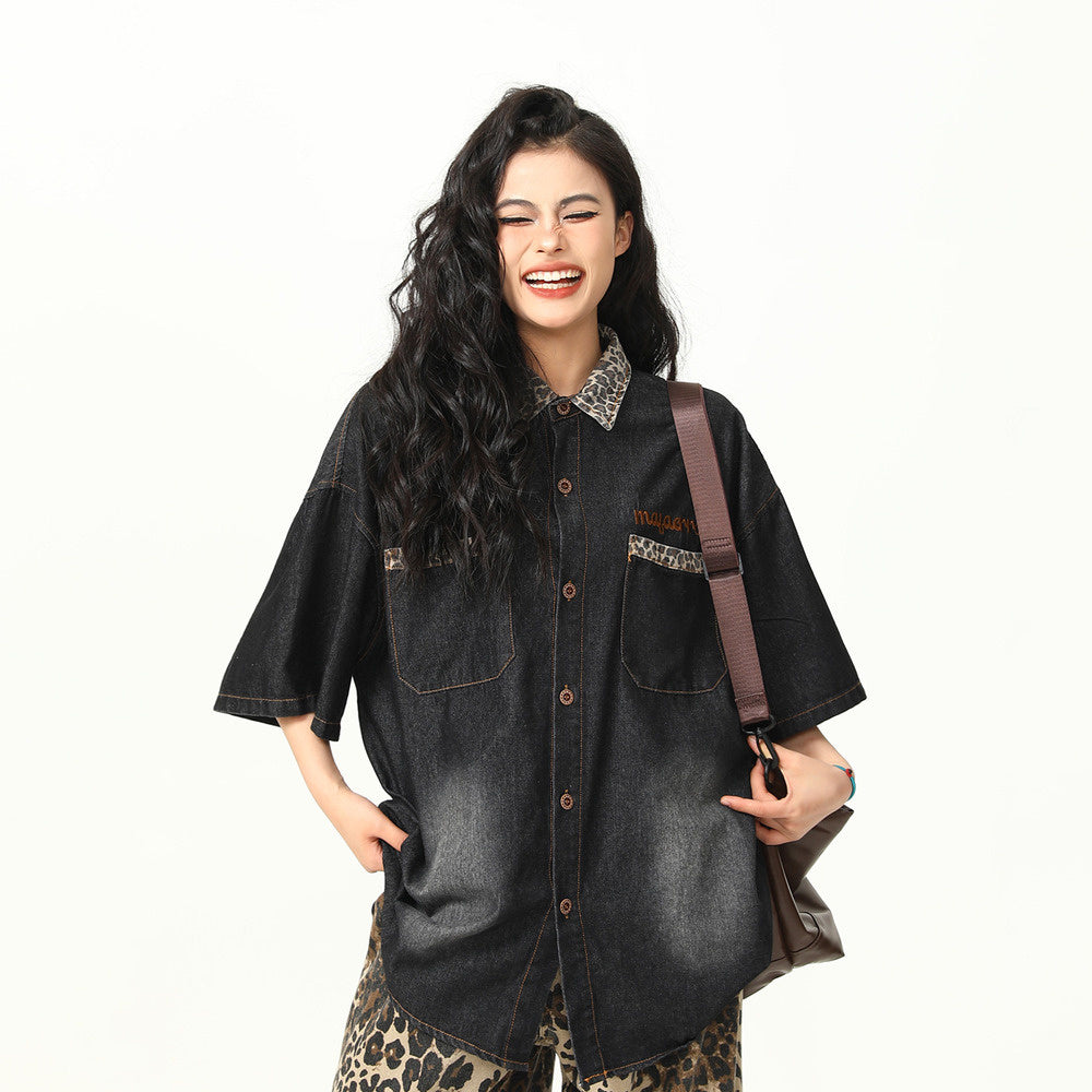 高級感豹紋拼接美式復古水洗牛仔短袖襯衫BF工裝學院風襯衣