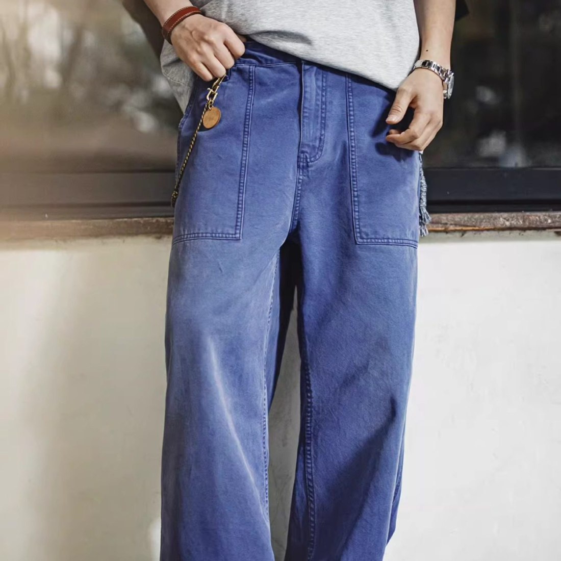 馬登工裝 法式復古工裝褲藍色vintage水洗帆布寬鬆直筒休閒褲男春