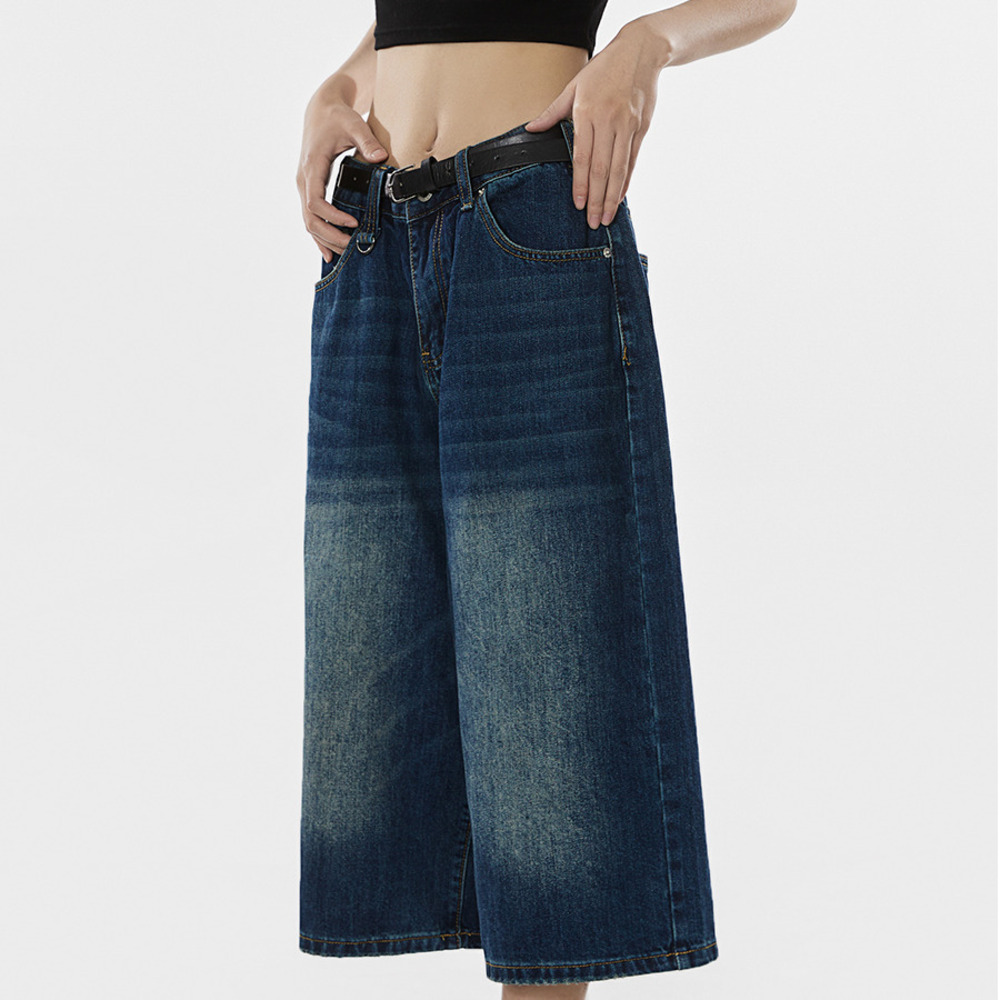 美式復古水洗牛仔中褲女夏季廓形牛仔短褲闊腿七分褲