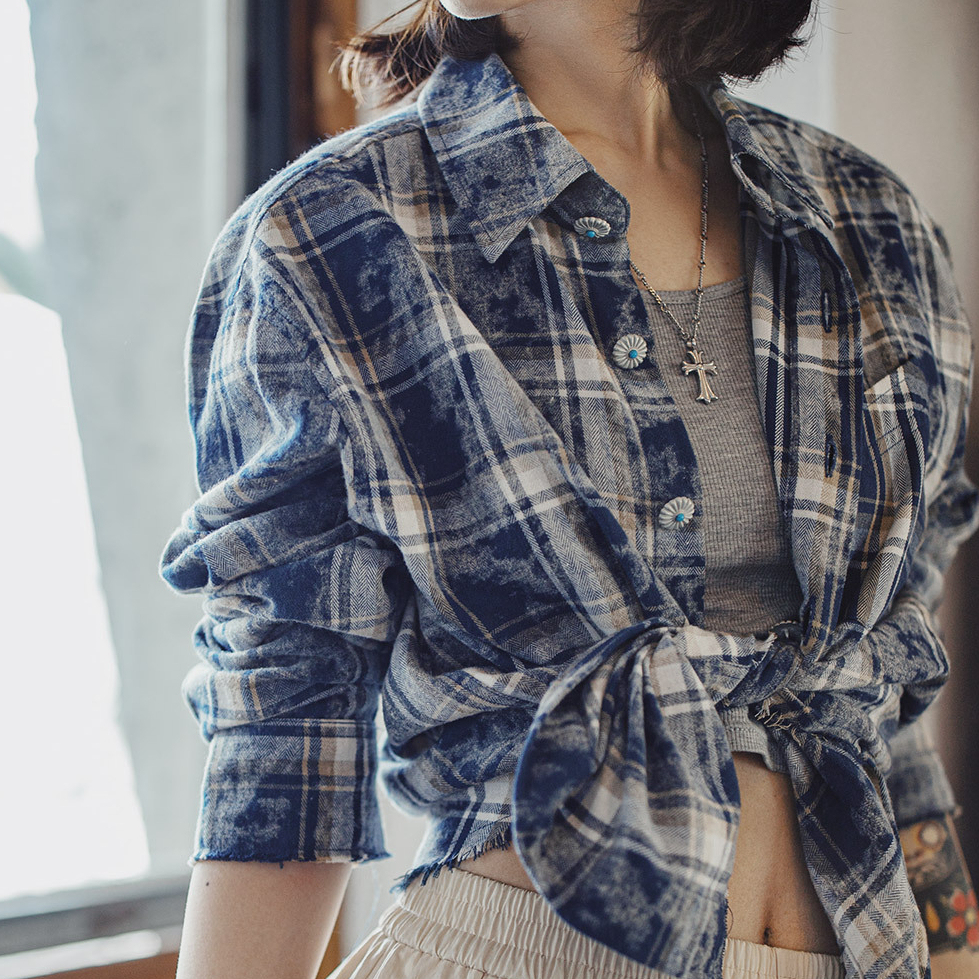 馬登女裝 美式復古藏青色格子紋翻領寬鬆磨毛長袖休閒襯衫上衣外套秋季